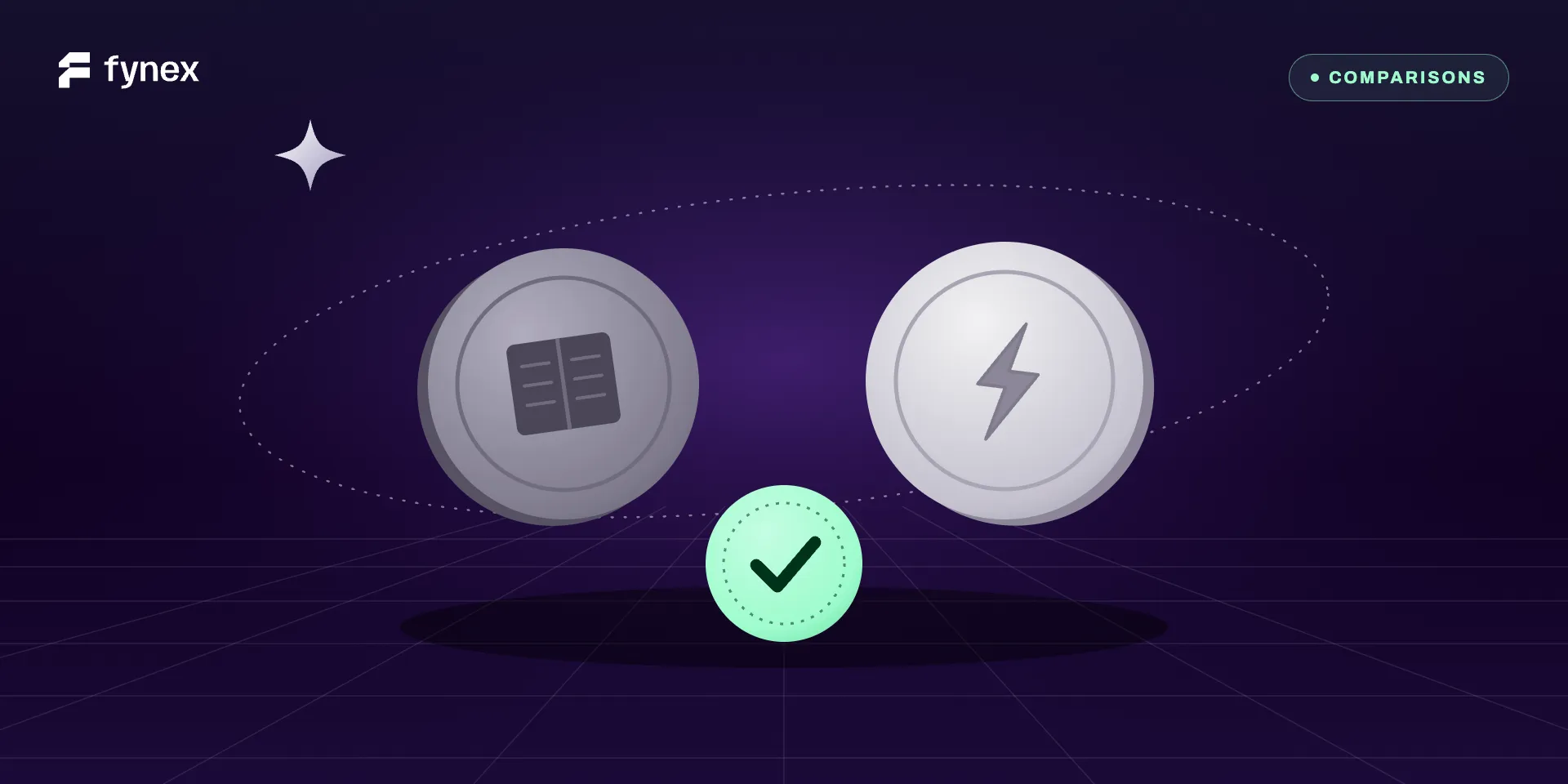 Two grey coins on a dark stage, one embossed with a ledger book and one with a lightning bolt, above a mint seal.