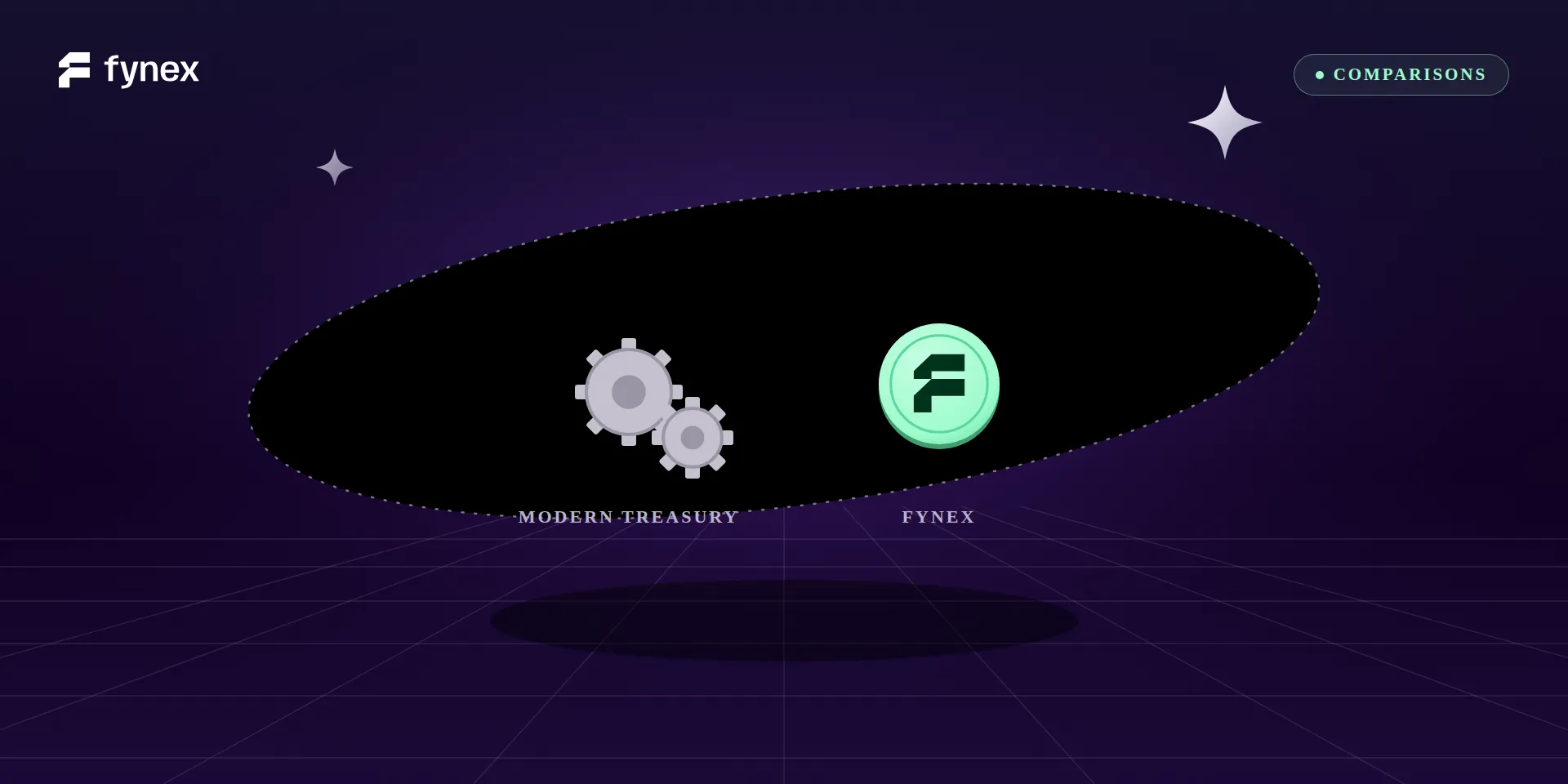Grey payment-ops gears beside the mint Fynex coin.