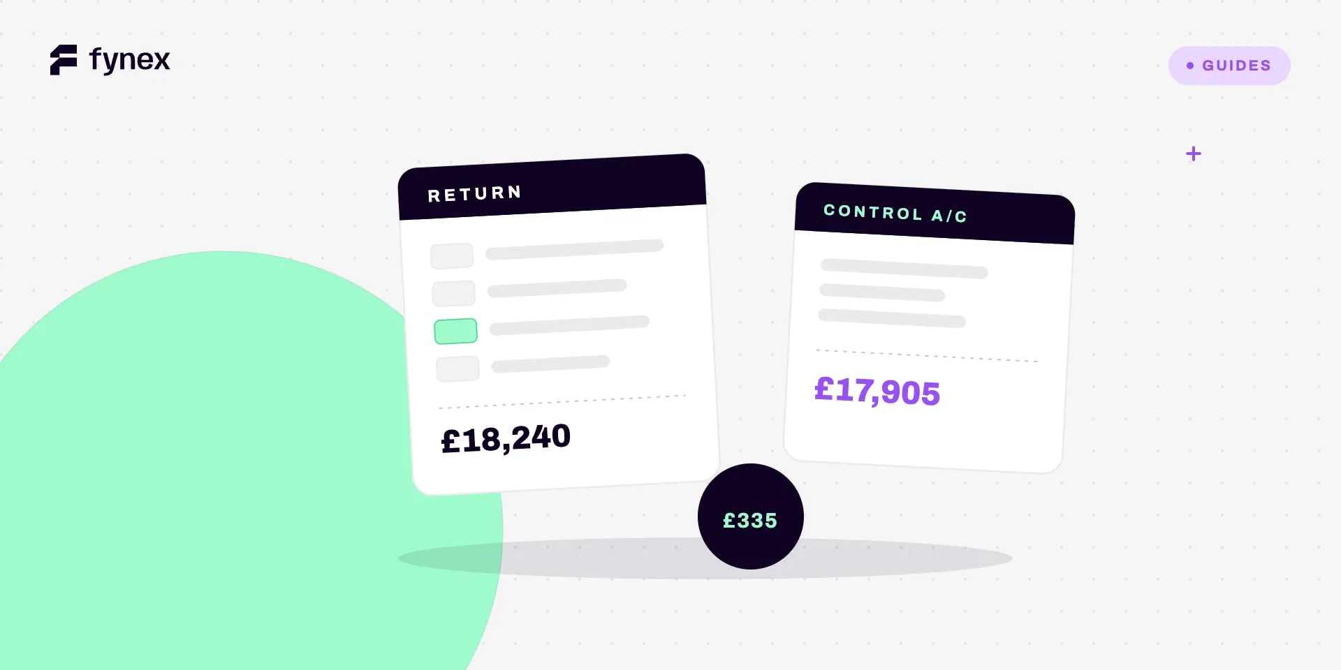 A VAT return form beside a control account card showing different totals, with a dark badge between them holding the difference.