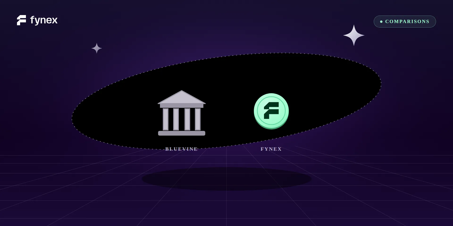 A grey US bank building beside the mint Fynex coin.