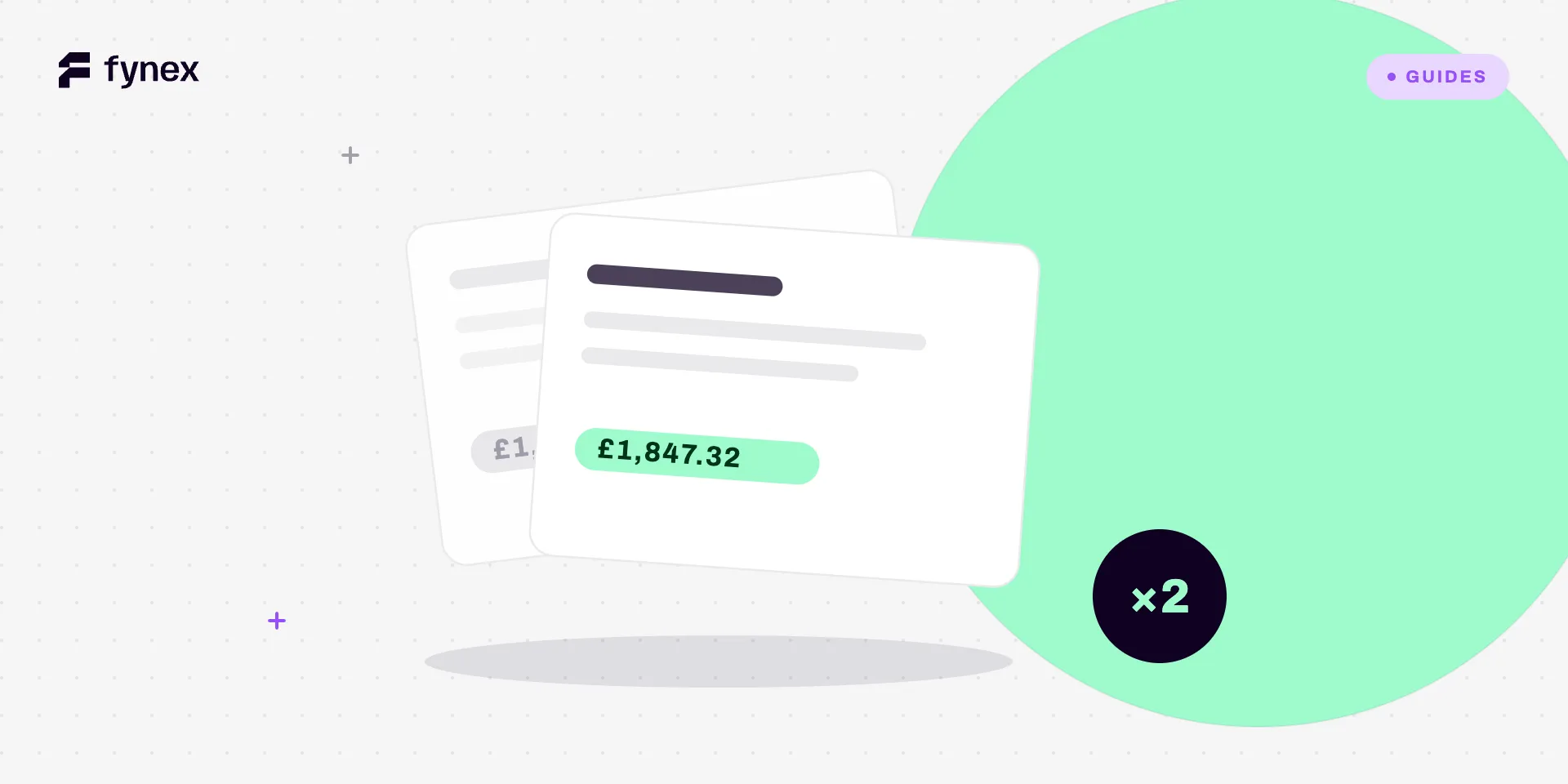 Two identical transaction cards overlapping at slight angles showing the same amount, with a dark circular badge reading times two.