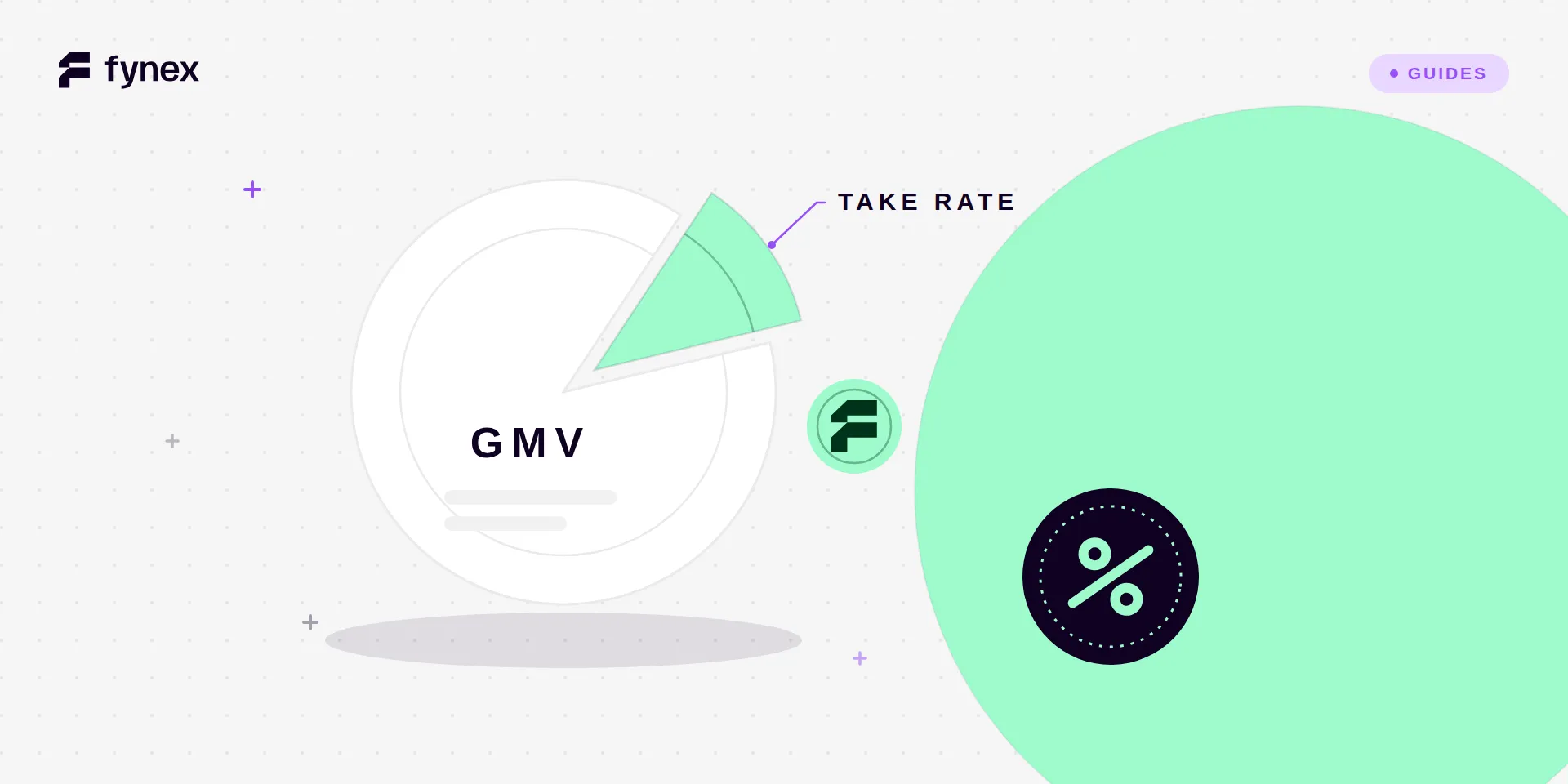 A large white disc labelled GMV sits on a pale dotted canvas with one mint wedge lifted clear of it and annotated TAKE RATE; a small mint Fynex coin sits beside the gap, and an ink seal bearing a percentage sign is stamped onto an oversized mint circle anchoring the right of the frame.