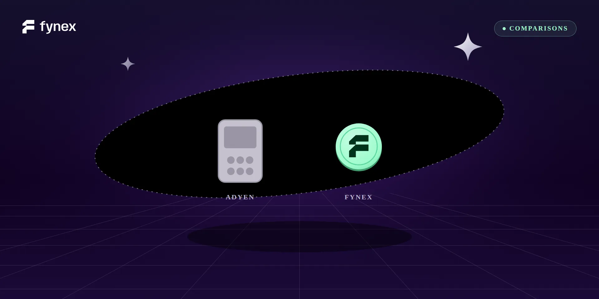 A grey enterprise payment terminal beside the mint Fynex coin.